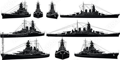 Collection of vintage battleship silhouettes, military warships with heavy guns, navy cruiser vessels in side and front view, black vector illustration isolated on white