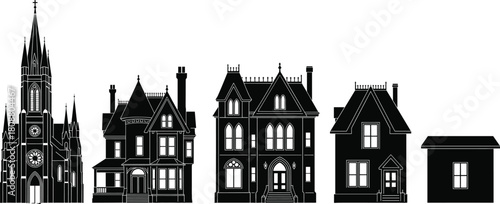 Collection of vintage building silhouettes, Gothic church cathedral, Victorian mansions and cottage houses, vector illustration set isolated on white background