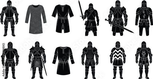 Medieval knight armor silhouettes set, ancient warrior equipment, heavy suits, chainmail, tunics, swords, and soldier uniforms for historical war game design and heraldry vector