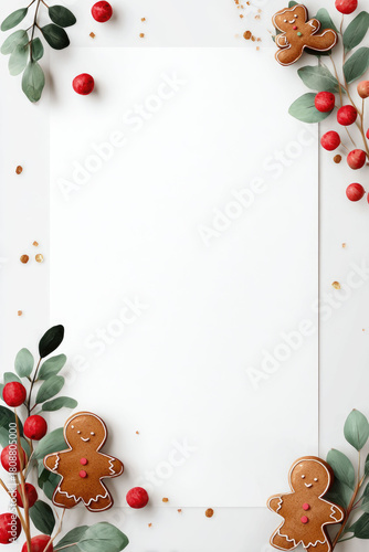 Minimalist Christmas frame with gingerbread, red berries, and greenery on a white paper background with copy space