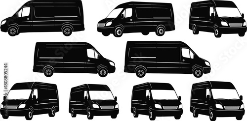 Set of black cargo van silhouettes, commercial delivery vehicle icons in different angles, transport logistics vector illustration isolated on white background