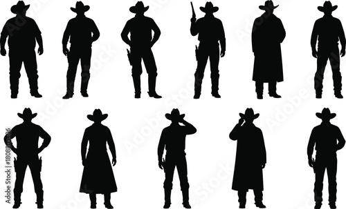 Set of black cowboy silhouettes, wild west ranger vector illustration, american western man icons for sheriff, outlaw, and country rodeo design elements