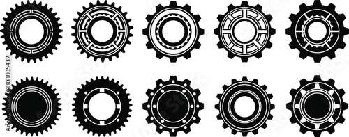 Set of black industrial gear silhouettes, mechanical cogwheel vector illustration, round machine parts for engineering, technology, and factory settings logo design icons