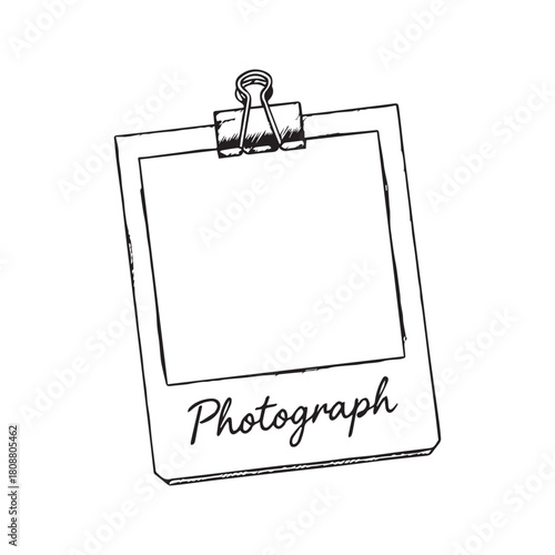 Hand drawn sketch of a vintage instant photo frame with a binder clip. Blank photograph snapshot template illustration isolated on white background.
