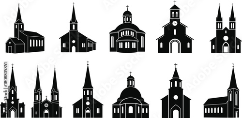 Set of church silhouettes, christian building icons, cathedral architecture vector illustration, catholic chapel collection, black religious house structures for design, isolated white