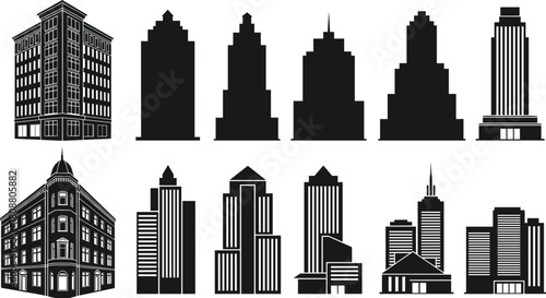 Set of city building silhouettes, modern skyscrapers and office towers, urban architecture vector illustration isolated on white background for real estate design