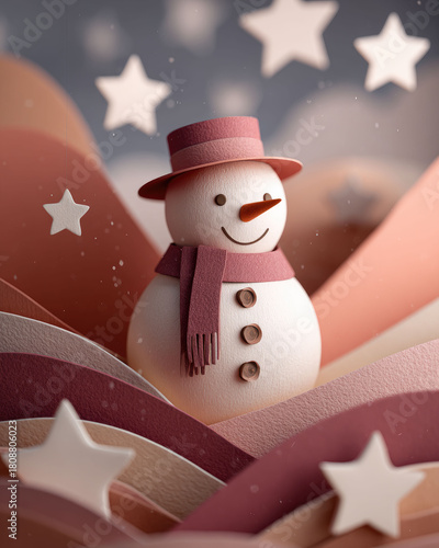 Cute, smiling 3D snowman with a scarf and top hat in a paper cut winter landscape with stars and snow