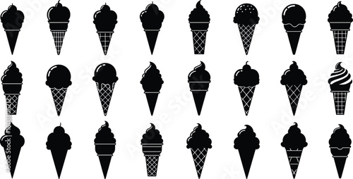 Set of delicious ice cream cone silhouettes, cold summer dessert icons in black style, vector illustration collection isolated on white background for menu design