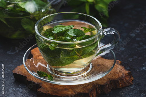 Mint tea in a glass mug