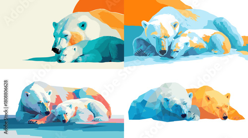 Bold color block illustrations of polar bear parent and cub resting in icy landscapes. Ideal for winter themes, wildlife art, children illustrations, and modern colorful animal designs.