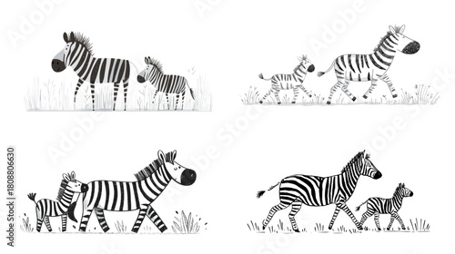 Monochrome zebra family illustrations showing parent and foal walking together in grassland scenes. Perfect for wildlife themes, nature art, children stories, and gentle animal designs.