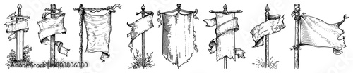 Medieval battle banners on poles hand drawn fantasy flag set vector illustration