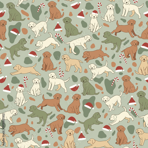 Christmas seamless pattern for kids with dog , Santa hat, and candy.