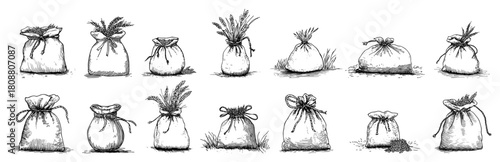 Vintage Canvas Pouches And Herb Sacks Hand Drawn Vector Set