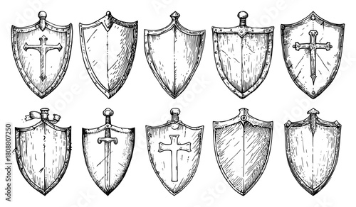Collection of hand drawn medieval shields with heraldic crosses and rivets vector sketch illustration set for knights and warriors