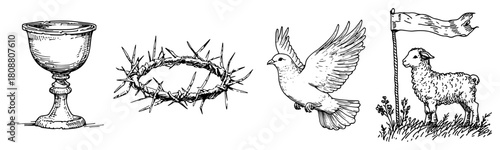 Hand drawn Christian religious symbols featuring chalice crown of thorns dove and lamb of god