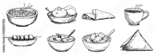 Traditional Indian food icon set including samosa dosa idli and tea sketch vector illustration