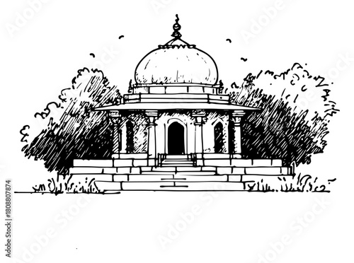 Indian temple pavilion with dome hand drawn architectural landscape vector illustration