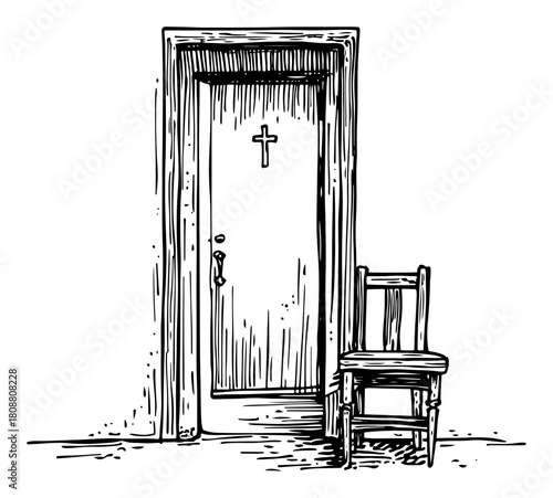 Hand drawn sketch of closed wooden door with cross and empty chair beside it interior scene vector illustration