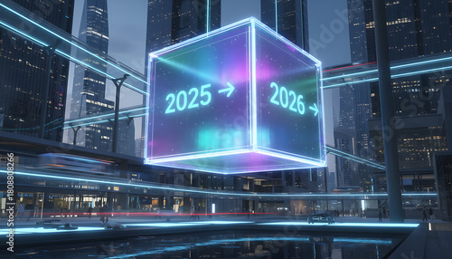 Futuristic cityscape with 2025 to 2026 cube, symbolizing progress and innovation