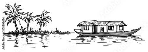 Tropical river houseboat with palm trees hand drawn landscape vector illustration