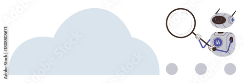 Robot holding magnifying glass next to cloud shape and dots, symbolizing cloud data, analysis, AI processes, and technological innovation. Ideal for research, data security, AI, cloud storage tech