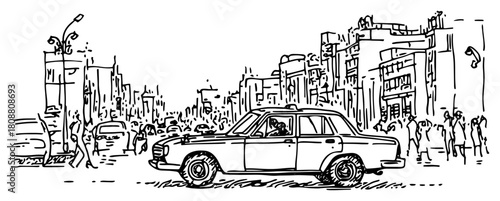 City Street Traffic With Car And People Urban Sketch Vector Illustration