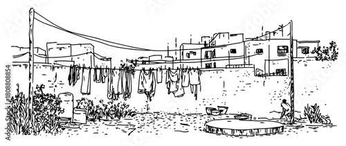 Backyard scene with laundry hanging on clothesline between poles hand drawn vector sketch of daily life