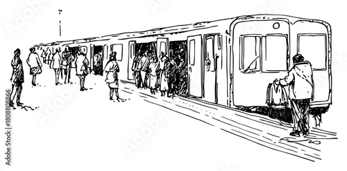 Busy train station platform with passengers boarding the carriage hand drawn public transport vector sketch