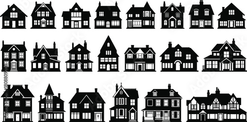 Set of residential house silhouettes, black vector family homes and cottages, suburban real estate buildings isolated on white background for design