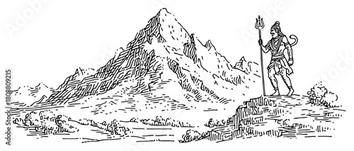 Hindu Ascetic With Trident Walking In Mountain Landscape Sketch Vector Illustration