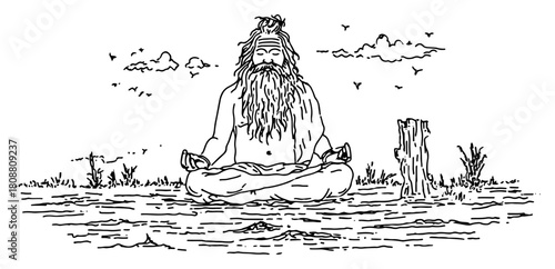 Meditating Hindu Sage Sitting By River Spiritual Yoga Sketch Vector Illustration