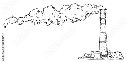Hand drawn industrial factory chimney emitting thick smoke clouds in vintage engraving sketch style