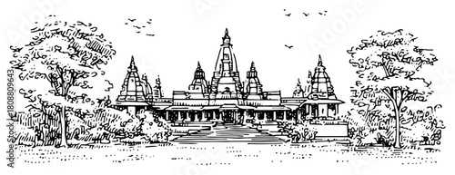 Grand Hindu temple architecture landscape with trees and garden panoramic vector sketch