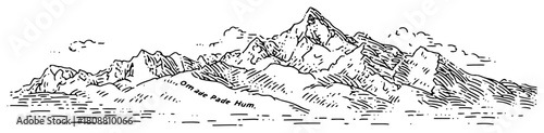 Hand drawn panoramic mountain landscape sketch with Om Mani Padme Hum mantra text on slopes
