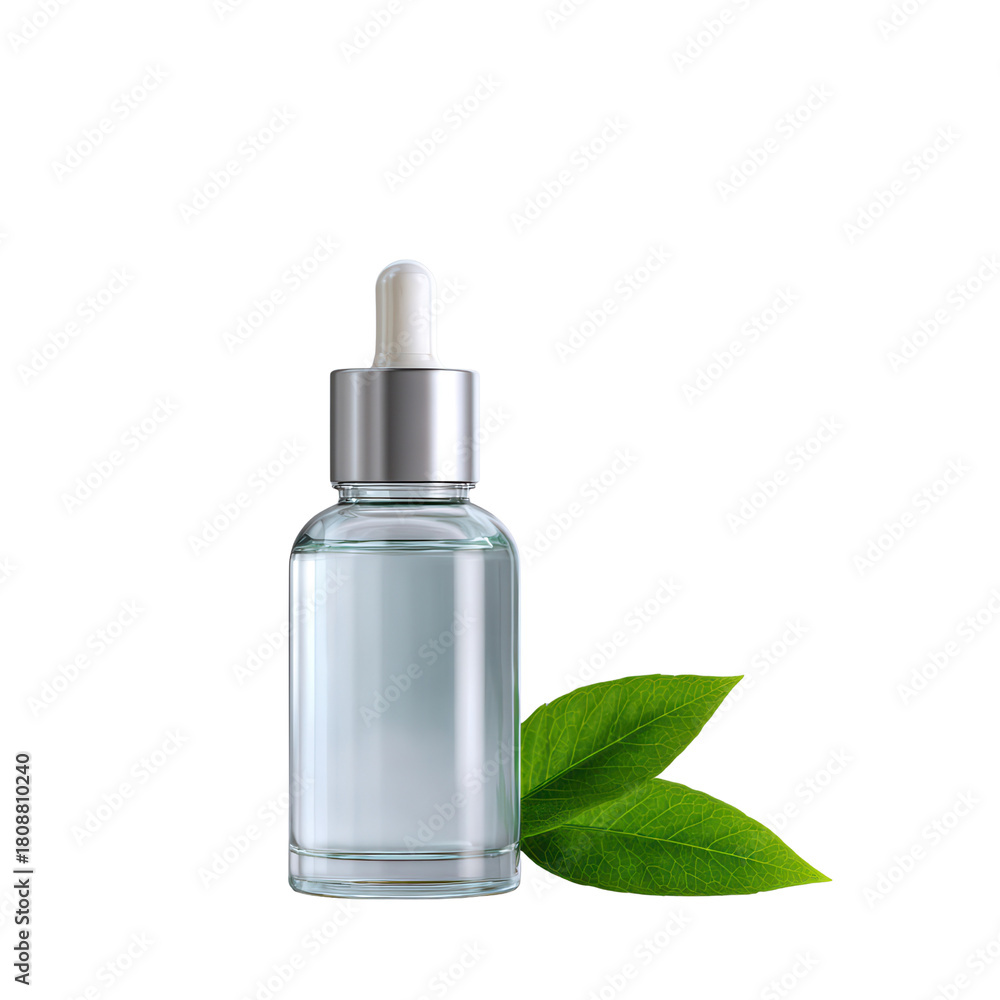 Naklejka premium Clear glass dropper bottle silver cap transparent liquid green leaves isolated on transparency background skincare natural cosmetic beauty product clean fresh minimal
