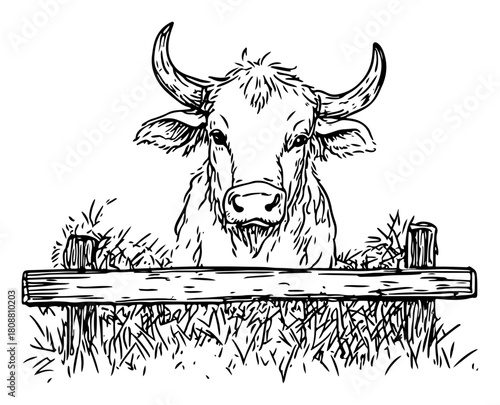 Farm cow head peering over wooden fence in rural pasture vintage sketch vector