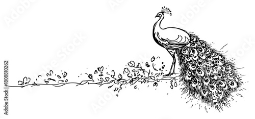 Elegant peacock standing with detailed long tail feathers in garden hand drawn vector sketch