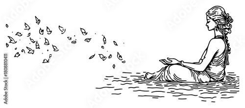 Hand drawn sketch of Indian woman in sari sitting by river making spiritual offering to nature