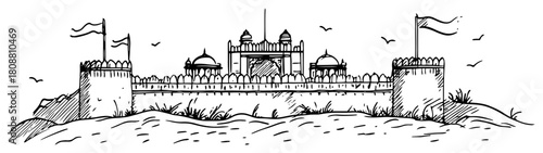 Ancient Indian fort architecture with defensive walls and flags panoramic vector sketch