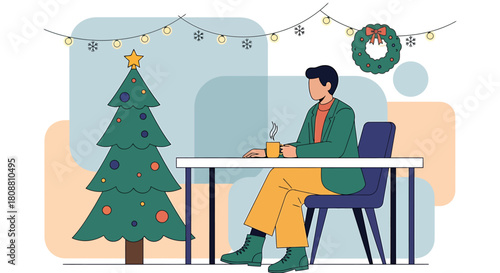 Man at Table with Christmas Tree and Decorations.