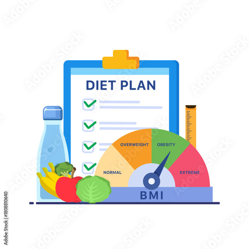 Diet plan schedule with healthy food, proper nutrition.  diet plan, healthy vegetables. illustration in flat style
