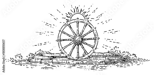 Hand drawn sketch of ancient Konark Sun Temple wheel stone sculpture with sunrise rays in background