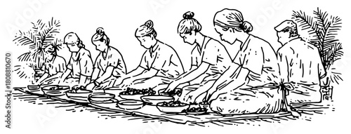 Hand drawn sketch of group of people sitting on floor eating traditional communal meal or feast together