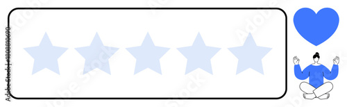 Five-star rating row, blue heart, peaceful meditating figure promoting feedback, mindfulness, customer appreciation, self-care, satisfaction, goal achievement personal wellness. Simple flat metaphor