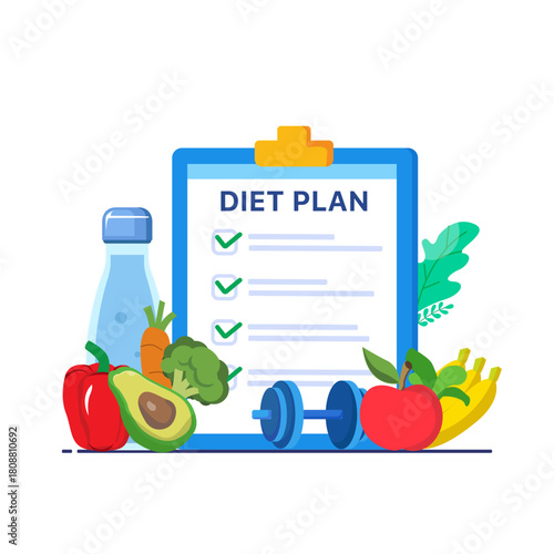 Diet plan schedule with healthy food, proper nutrition.  diet plan, healthy vegetables. illustration in flat style