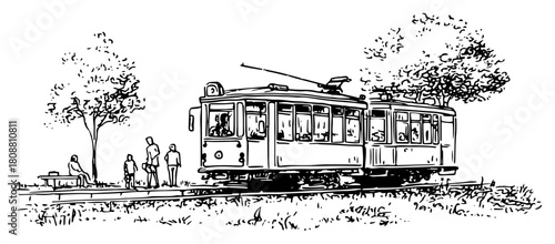 Vintage tram car on city street with passengers waiting sketch vector illustration