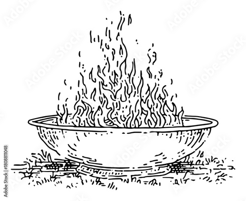 Ritual Fire In Metal Bowl Bonfire Hand Drawn Sketch Vector