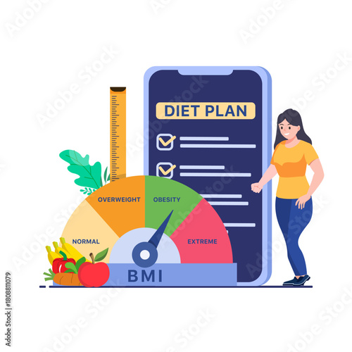 Woman with diet plan. Healthy eating and nutrition, proper diet. Dietician with clipboard. Flat vector illustration