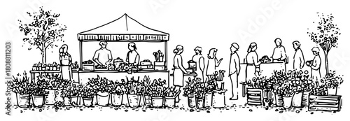 Busy street market scene with flower stalls and people shopping outdoors hand drawn vector sketch illustration